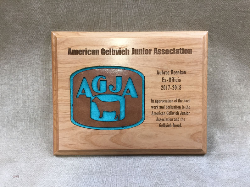 wood leather inlay plaque, laser engraved personalized gift or award